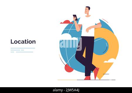 Vector illustration depicting a man leaning on a location sign Stock Vector