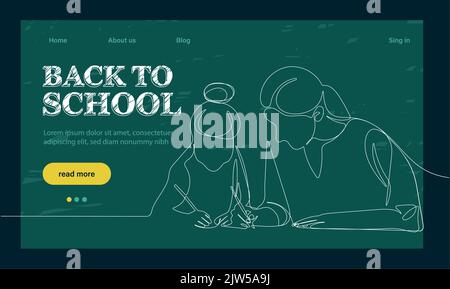 landing page template with globe, glasses and stack of textbooks.Back to school landing page template. Outline web banner on white backdrop. Vector outline illustration. Concept website page. Stock Vector
