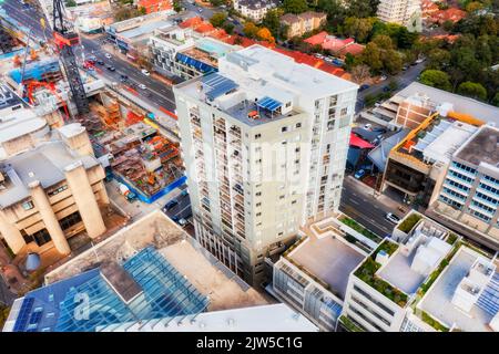 Dense development of high-rise residential apartment building towers around new Crows Nest metro station in Sydney lower north shore suburbs. Stock Photo