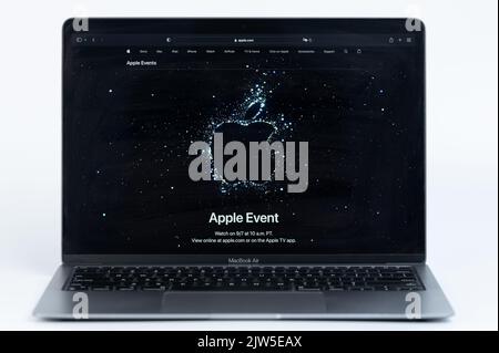 New york, USA - september 3, 2022: Start watching new Apple event on website in Macbook air laptop Stock Photo