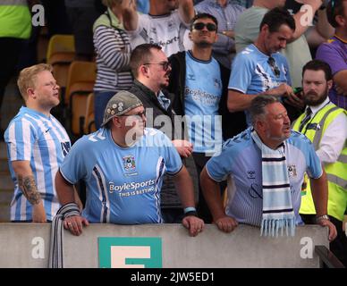 Norwich, UK. 03rd Sep, 2022. Coventry fans during the Sky Bet Championship match between Norwich City and Coventry City at Carrow Road on September 3rd 2022 in Norwich, England. (Photo by Mick Kearns/phcimages.com) Credit: PHC Images/Alamy Live News Stock Photo