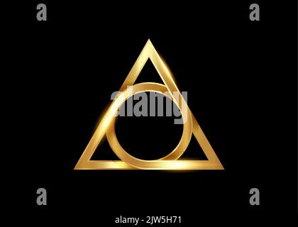 golden sacred geometrical figure of a circle inscribed in a triangle, the gold vector logo design mythological symbol round triangle, magical talisman Stock Vector