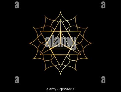 Sacred geometry, mystical symbol of the Merkabah, lotus flower in golden luxury line art, gold magic logo geometric mandala design, vector isolated Stock Vector
