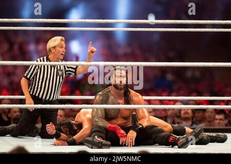 Cardiff, Wales, UK. 3rd Sep, 2022. Roman Reigns and Drew McIntyre during the WWE ‘Clash At The Castle' wrestling event at the Principality Stadium in Cardiff. Credit: Mark Hawkins/Alamy Live News