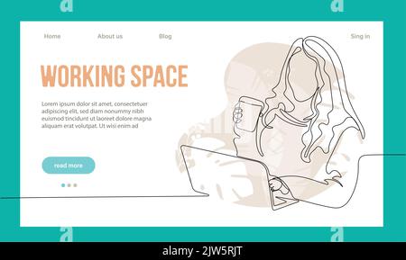 Coworking Space Landing Page Flat Cartoon Template. Freelancers Team Working Online on Laptop. Business People Sharing Open Workspace. Outline Vector Illustration Stock Vector