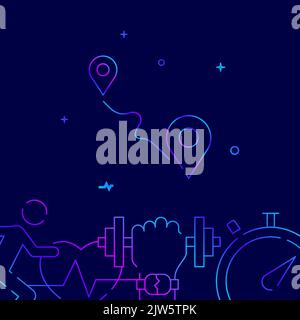 Walking route, jogging gradient line vector icon, simple illustration on a dark blue background, fitness related bottom border. Stock Vector