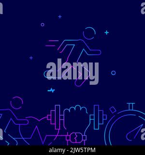 Running man gradient line vector icon, simple illustration on a dark blue background, fitness related bottom border. Stock Vector