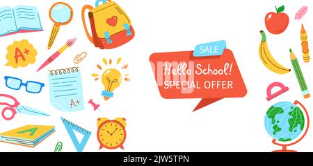 Back to School welcome banner. Advertisement poster template with learning school supplies. Background education objects for student, backpack, light bulb, alarm clock, globe, brush, child invitation Stock Vector