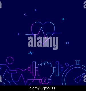 Pulse, cardio, heart rate gradient line vector icon, simple illustration on a dark blue background, fitness related bottom border. Stock Vector
