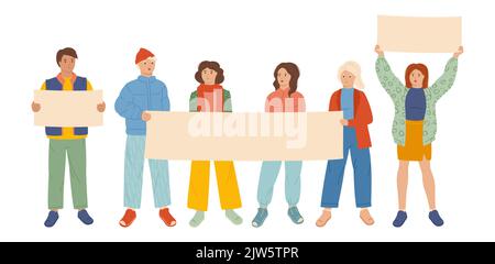 People hold empty banner for your text. Protesting young men, women and welcome posters. Students on rally demonstration with placards. Flat design illustration Stock Vector