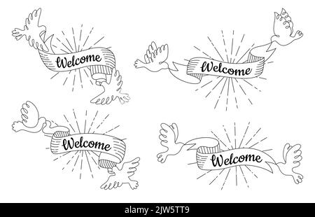 Welcome ribbon banners with bird set. Vintage dove holding tape band and sunburst. Invitation old scroll stripe craft romantic banner. Hand drawn sketch background clipart graphic element Stock Vector