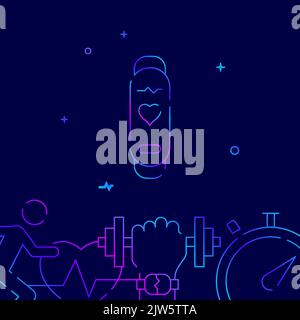 Fitness bracelet, smart wristwatch gradient line vector icon, simple illustration on a dark blue background, fitness related bottom border. Stock Vector