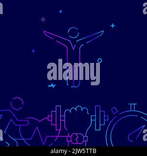 Human figure, exercise, yoga gradient line vector icon, simple illustration on a dark blue background, fitness related bottom border. Stock Vector