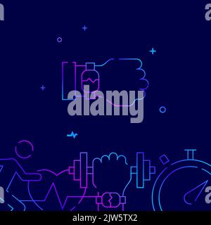 Fitness bracelet on hand gradient line vector icon, simple illustration on a dark blue background, fitness related bottom border. Stock Vector