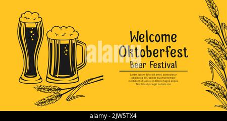 Welcome banner Beer festival Oktoberfest. Vintage advertisement poster template card glass cup and wheat ear. Retro design alcohol bar craft background, brewing restaurant menu, invitation party Stock Vector