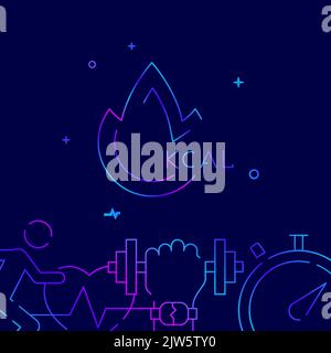 Burning calories, diet flame gradient line vector icon, simple illustration on a dark blue background, fitness related bottom border. Stock Vector