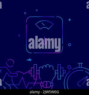 Floor scales, weight loss, waist gradient line vector icon, simple illustration on a dark blue background, fitness related bottom border. Stock Vector