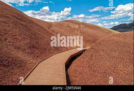 The Painted Cove boardwalk trail twists through the claystone hills at Painted Hills in John Day Fossil Beds National Monument in Oregon, USA Stock Photo