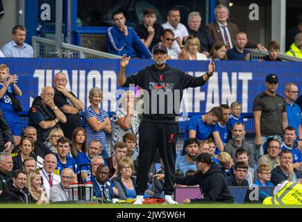 Liverpool. 4th Sep, 2022. Liverpool's manager Jurgen Klopp reacts during the English Premier League match between Everton and Liverpool in Liverpool, Britain, Sept. 3, 2022. Credit: Xinhua/Alamy Live News Stock Photo