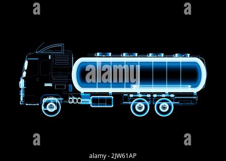 3d rendering x-ray logistic oil tank semi trailer truck or lorry isolated on black background Stock Photo