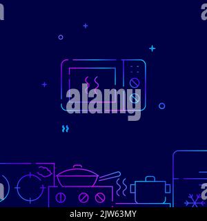 Heated microwave oven gradient line vector icon, simple illustration on a dark blue background, kitchenware related bottom border. Stock Vector