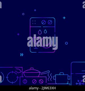 Dishwasher machine gradient line vector icon, simple illustration on a dark blue background, kitchenware related bottom border. Stock Vector