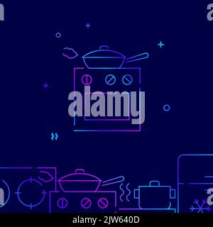 Frying pan on the stove gradient line vector icon, simple illustration on a dark blue background, kitchenware related bottom border. Stock Vector