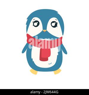 Penguin in red scarf. Cute Christmas penguin character. Vector illustration isolated in white background Stock Vector