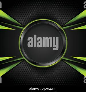 Green and black glossy tech elements on black perforated background. Abstract vector design Stock Vector