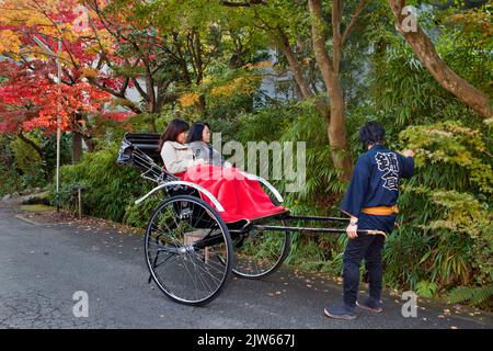 Rickshaw driver shows foliage to passengers Kamakura Japan Stock Photo