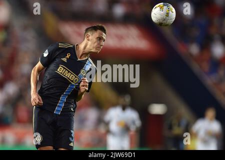 Harrison, New Jersey, USA. 3rd Sep, 2022. Philadelphia Union defender  MATTHEW REAL (2) and New York Red Bulls defender DYLAN NEALIS (12) action  at Red Bull Arena in Harrison New Jersey Philadelphia