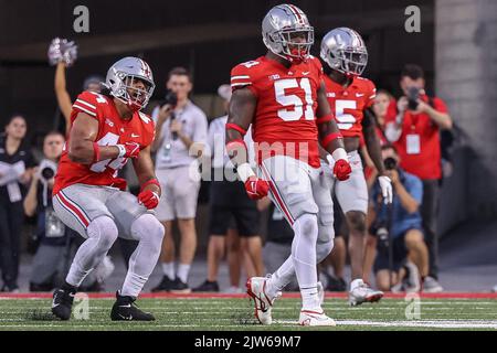 Columbus, Ohio, USA. 3rd Sep, 2022. Ohio State Buckeyes defensive tackle MICHAEL HALL JR. (51) celebrates his defensive stop during the game between the Notre Dame Fighting Irish and the Ohio State Buckeyes at Ohio Stadium. (Credit Image: © Scott Stuart/ZUMA Press Wire) Stock Photo