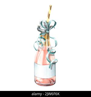 A opened bottle of pink champagne with a festive ribbon and a cocktail tube. Watercolor illustration. An isolated object from a large set of HAPPY Stock Photo