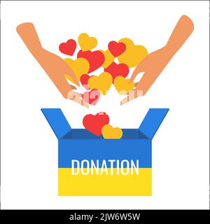 Hands of volunteer throwing hearts into donation box with yellow blue flag of Ukraine vector illustration. Cartoon person holding hope signs to donate and help citizens of Ukraine. Charity concept Stock Vector