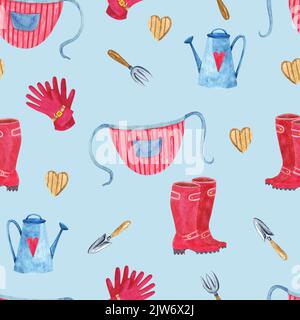 Gardening tools seamless pattern: watering cans, gloves, boots. Watercolor elements on a blue background. To create cards, decor, print on fabric. Stock Photo