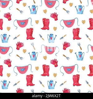 Gardening tools: shoes, an apron, a watering can; a hand-made watercolor drawing. Garden tools, clothing and accessories. Endless pattern on a white b Stock Photo