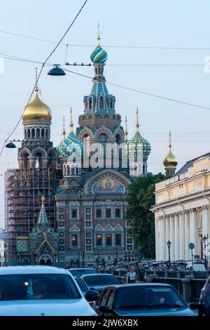 RUSSIA, PETERSBURG - AUG 18, 2022: saved blood st russia church petersburg savior orthodox sky, from landmark channel in old and dramatic saint Stock Photo