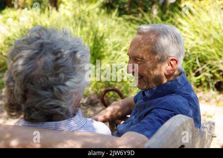 Senior caucasian couple spending time in garden together Stock Photo