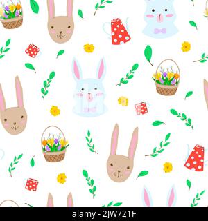 Raster seamless pattern Easter bunnies. Christian holiday, flowers, spring. For design of clothes, cards, invitations, textiles. Stock Photo