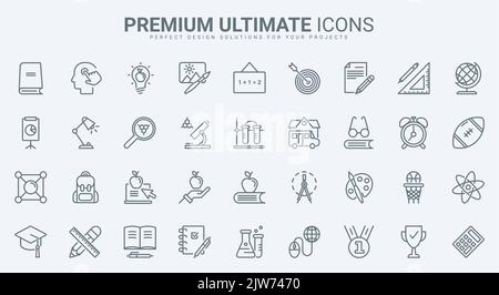 School, college and university education thin black line icons set vector illustration. Abstract linear pictogram of laboratory equipment for training chemistry and physics, library books for students Stock Vector