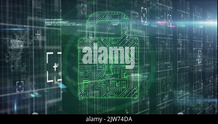 Image of network of digital files and online security padlock with data processing Stock Photo