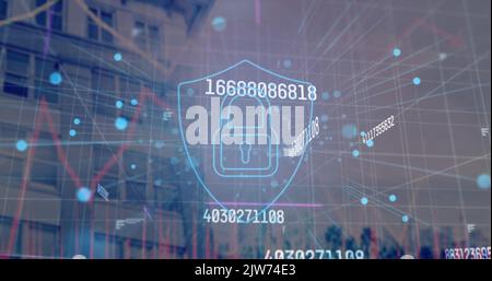 Image of data processing over modern building Stock Photo