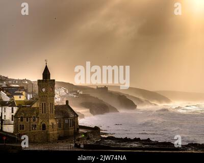 View of the famous Clock Tower Institute of Porthleven. Stock Photo