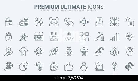 Blockchain, bitcoin thin line icons set vector illustration. Outline crypto money in digital wallet and data mining in network, cryptocurrency exchange, transaction and payment pictogram, cryptography Stock Vector