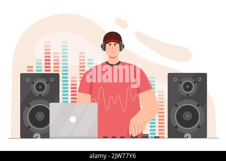 Sound engineer at work in studio vector illustration. Cartoon man composer working with multimedia software, mixing and composing electronic music with digital equipment. Audio production concept Stock Vector