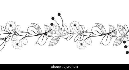 Vintage rustic seamless pattern border with floral motif. Flowers black and white line illustration. Umberella berry branch and flowers with leaf Stock Vector