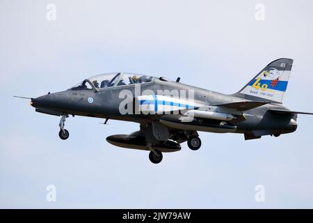Fairford, UK, 14th July 2022, A Finnish Hawk arrives for the RIAT Royal International Air Tattoo. Stock Photo
