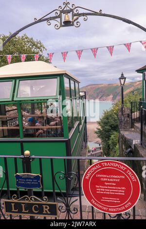 The view from the top of the Lynton & Lynmouth Funicular Cliff Railway. The Victorian funicular, which was opened in 1890, is the UK's only fully wate Stock Photo