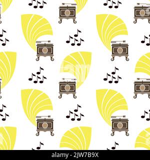 A gramophone icon is an old type of record player. Seakless pattern of classical musical box. Antique phonograph on white background Stock Vector