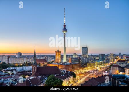 The iconic TV Tower and Berlin Mitte with the town hall at twilight Stock Photo